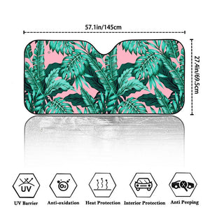 Teal Banana Leaves Pattern Print Car Windshield Sun Shade