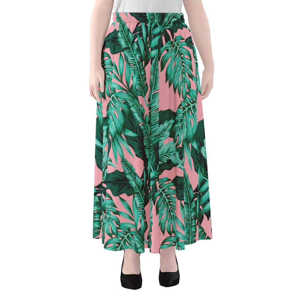 Teal Banana Leaves Pattern Print Chiffon Maxi Skirt