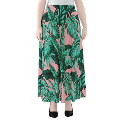 Teal Banana Leaves Pattern Print Chiffon Maxi Skirt