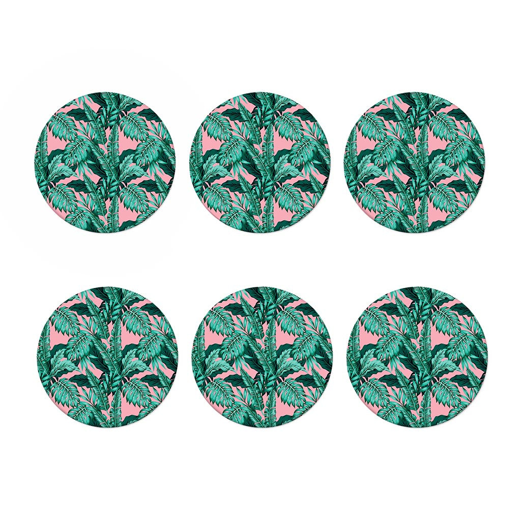 Teal Banana Leaves Pattern Print Coaster Set