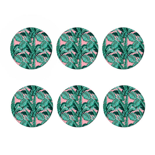 Teal Banana Leaves Pattern Print Coaster Set