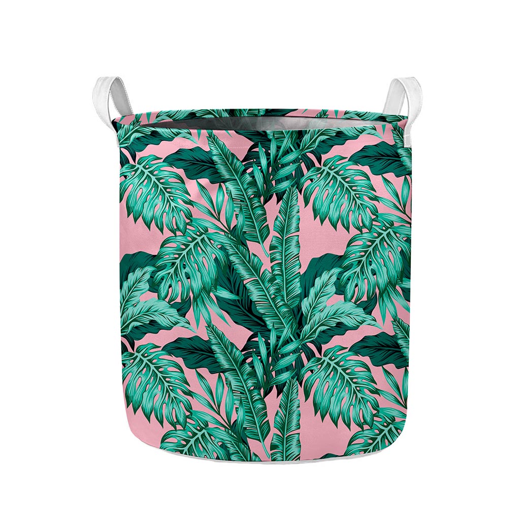 Teal Banana Leaves Pattern Print Collapsible Laundry Basket