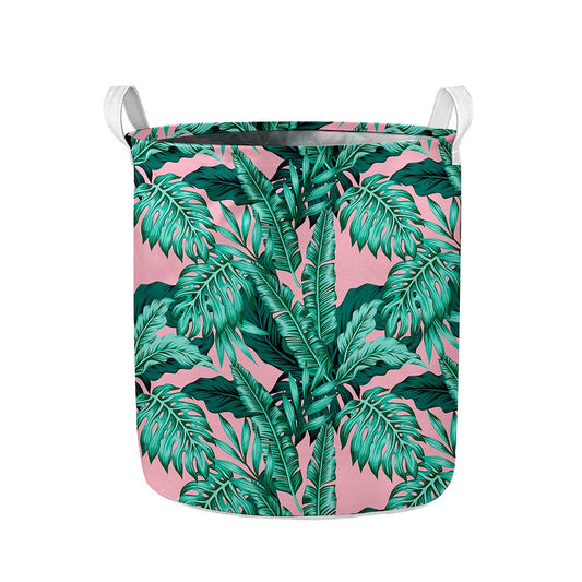 Teal Banana Leaves Pattern Print Collapsible Laundry Basket