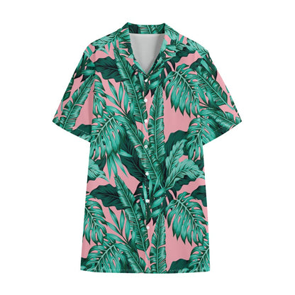 Teal Banana Leaves Pattern Print Cotton Hawaiian Shirt
