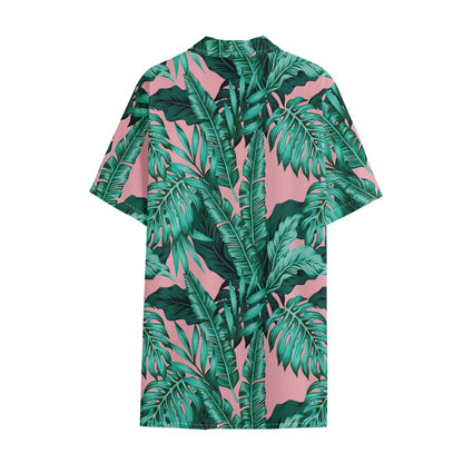 Teal Banana Leaves Pattern Print Cotton Hawaiian Shirt