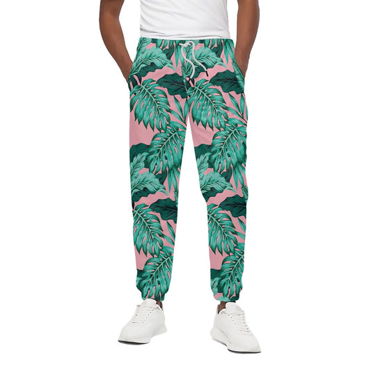 Teal Banana Leaves Pattern Print Cotton Pants