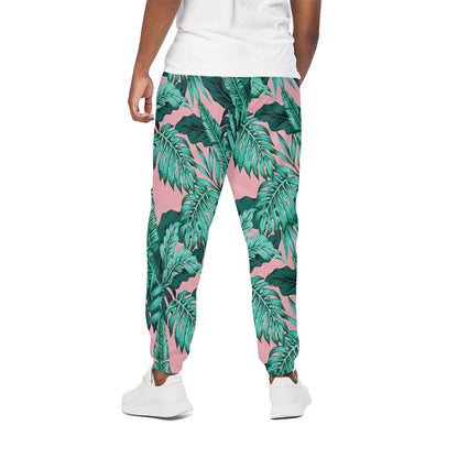 Teal Banana Leaves Pattern Print Cotton Pants