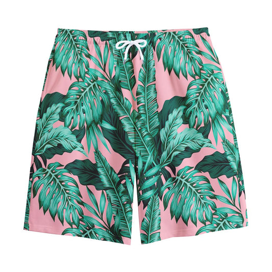 Teal Banana Leaves Pattern Print Cotton Shorts