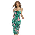 Teal Banana Leaves Pattern Print Cross Back Cami Dress