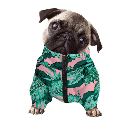 Teal Banana Leaves Pattern Print Dog Zip Up Jacket