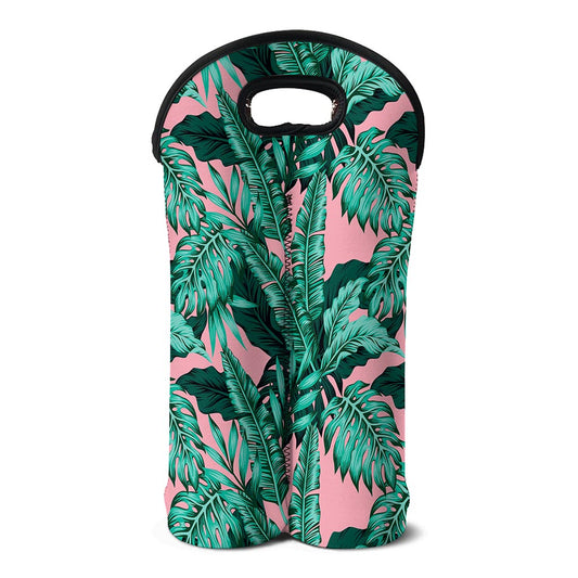 Teal Banana Leaves Pattern Print Double Neoprene Wine Tote