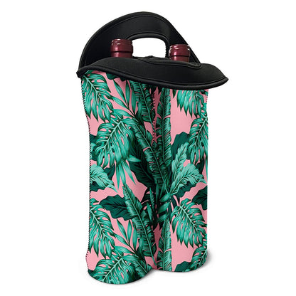 Teal Banana Leaves Pattern Print Double Neoprene Wine Tote