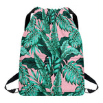 Teal Banana Leaves Pattern Print Drawstring Backpack