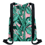 Teal Banana Leaves Pattern Print Drawstring Backpack