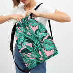 Teal Banana Leaves Pattern Print Drawstring Backpack