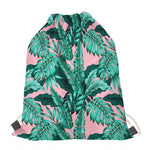 Teal Banana Leaves Pattern Print Drawstring Bag