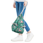 Teal Banana Leaves Pattern Print Drawstring Bag