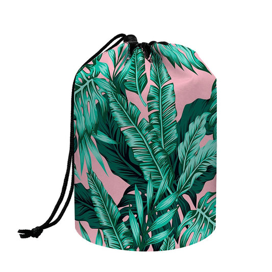 Teal Banana Leaves Pattern Print Drawstring Makeup Bag