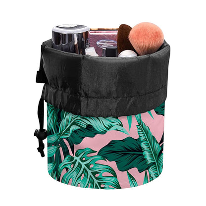 Teal Banana Leaves Pattern Print Drawstring Makeup Bag