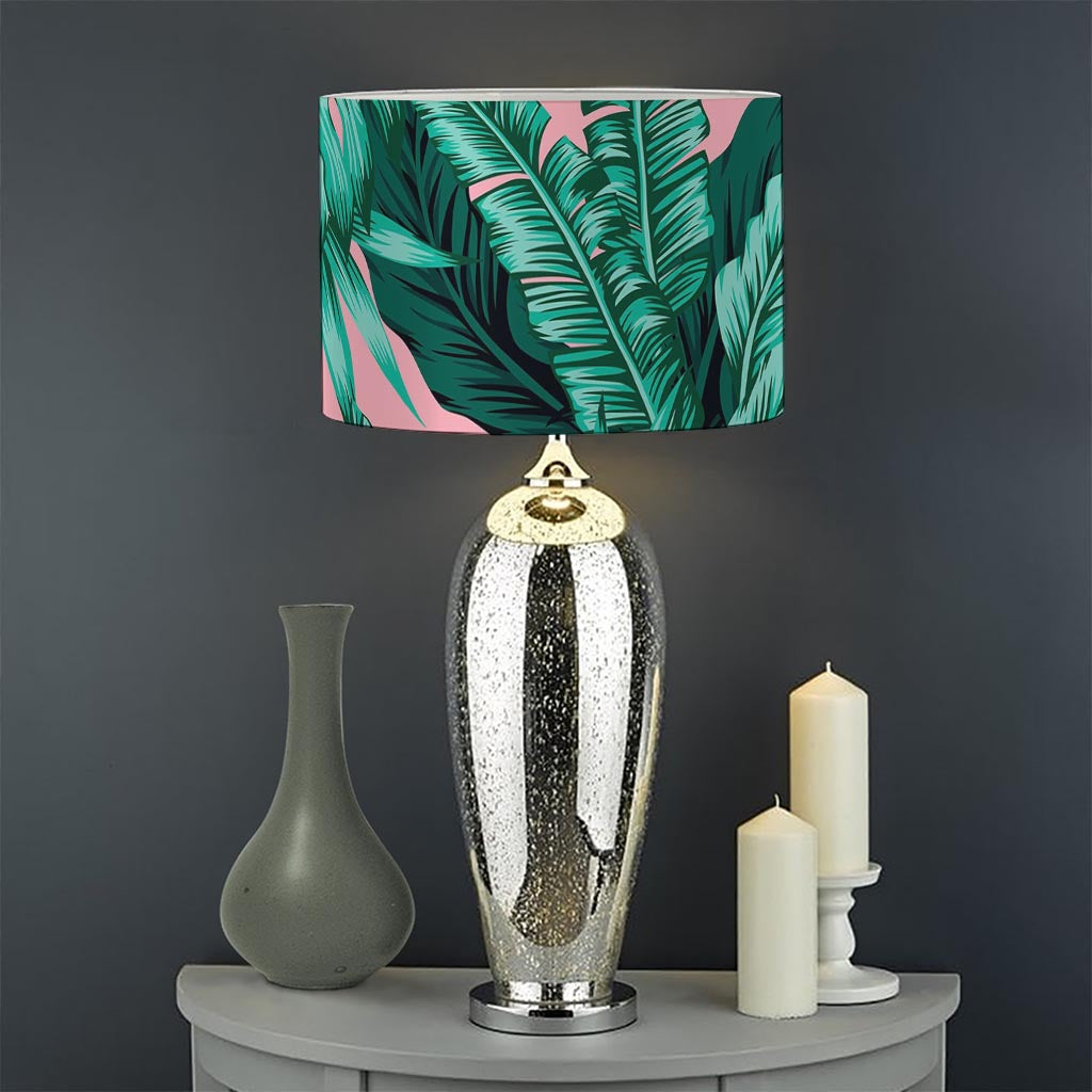 Teal Banana Leaves Pattern Print Drum Lamp Shade