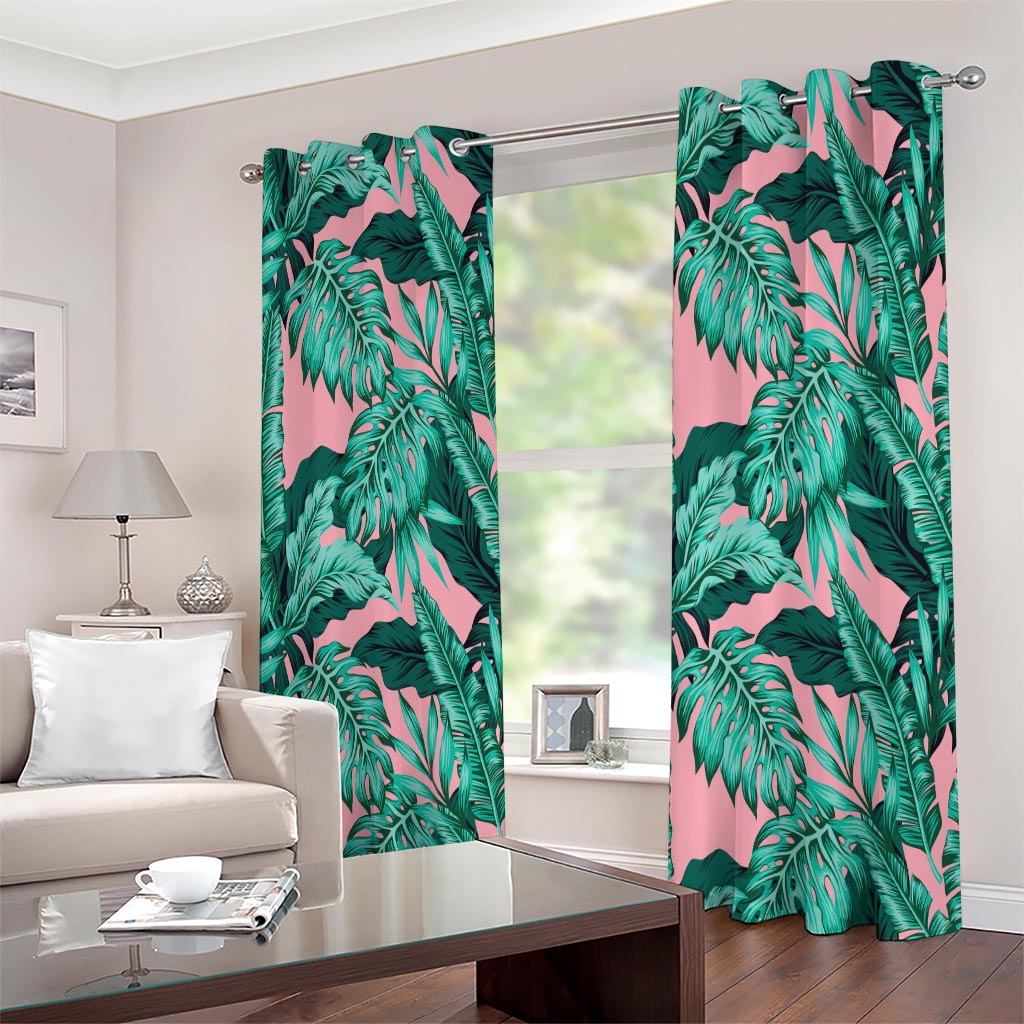 Teal Banana Leaves Pattern Print Extra Wide Grommet Curtains