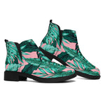 Teal Banana Leaves Pattern Print Flat Ankle Boots