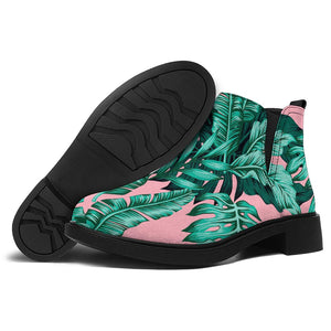 Teal Banana Leaves Pattern Print Flat Ankle Boots