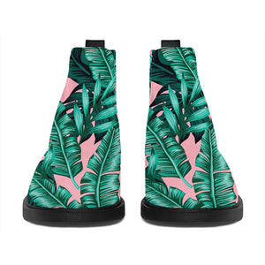 Teal Banana Leaves Pattern Print Flat Ankle Boots