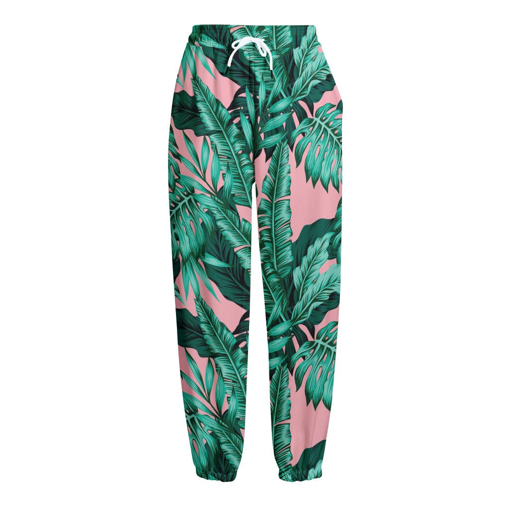 Teal Banana Leaves Pattern Print Fleece Lined Knit Pants
