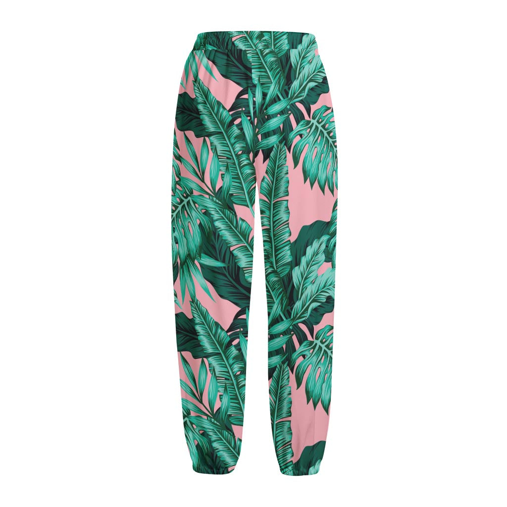 Teal Banana Leaves Pattern Print Fleece Lined Knit Pants