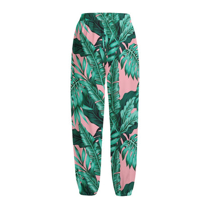 Teal Banana Leaves Pattern Print Fleece Lined Knit Pants
