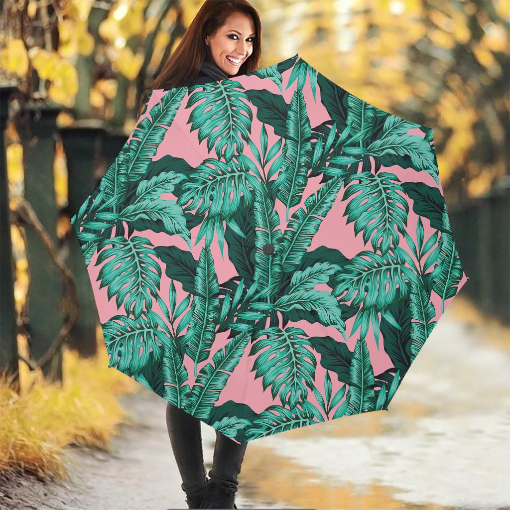 Teal Banana Leaves Pattern Print Foldable Umbrella