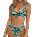 Teal Banana Leaves Pattern Print Front Bow Tie Bikini