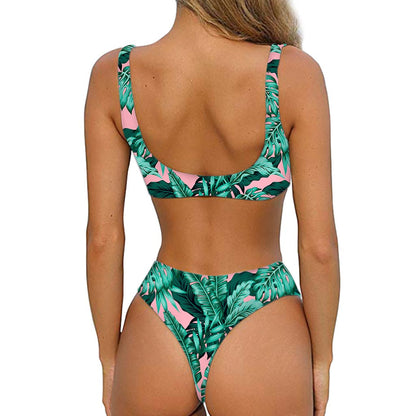 Teal Banana Leaves Pattern Print Front Bow Tie Bikini