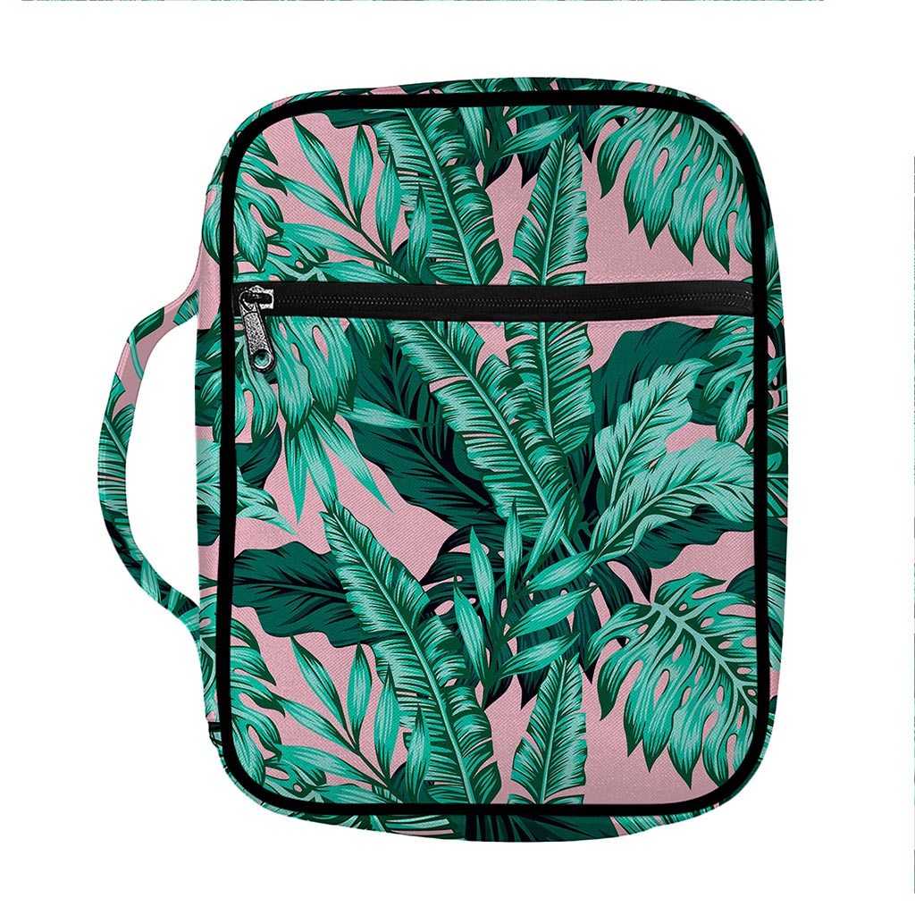 Teal Banana Leaves Pattern Print Front Pocket Bible Bag