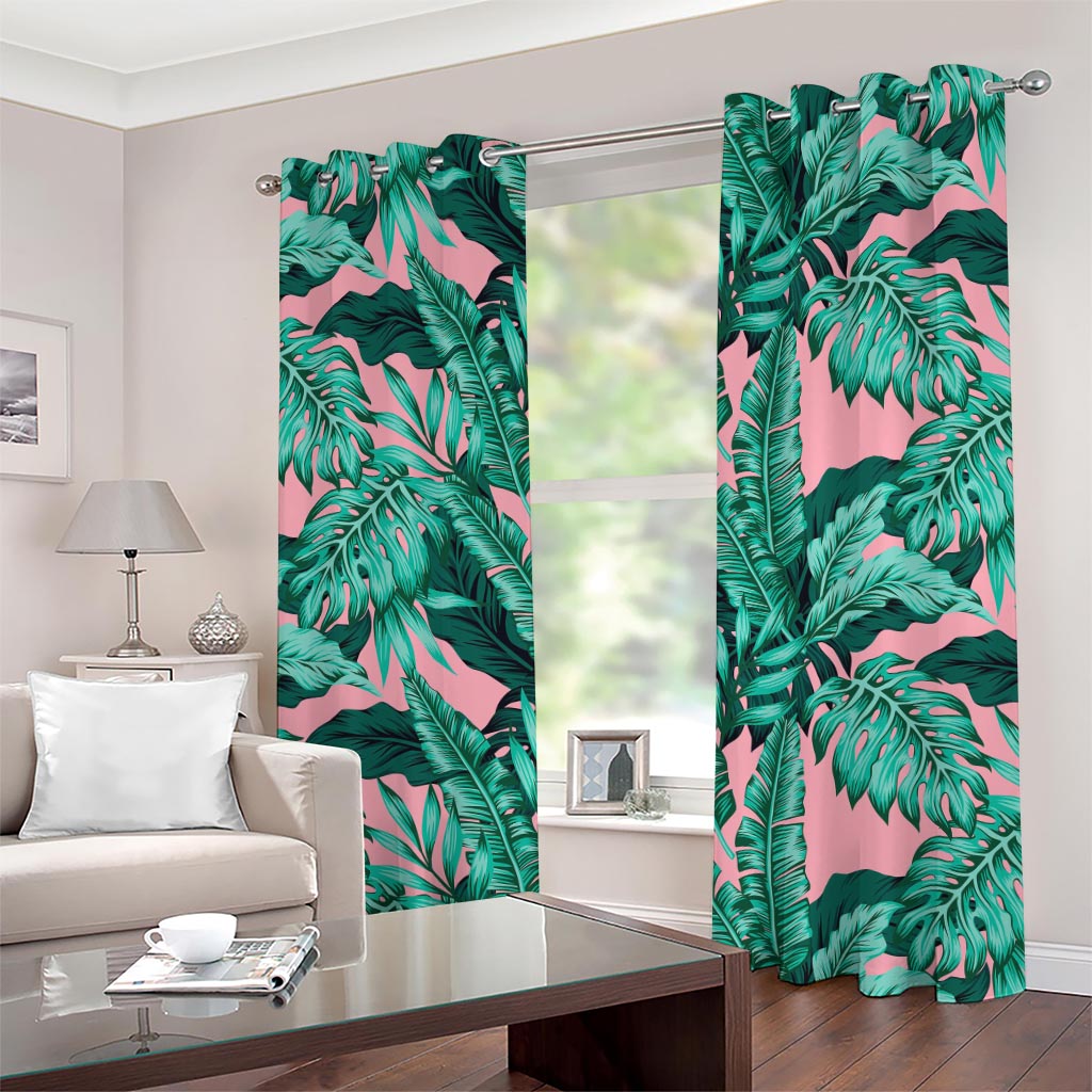 Teal Banana Leaves Pattern Print Grommet Curtains