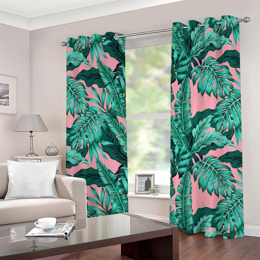 Teal Banana Leaves Pattern Print Grommet Curtains