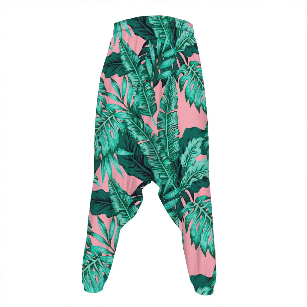 Teal Banana Leaves Pattern Print Hammer Pants