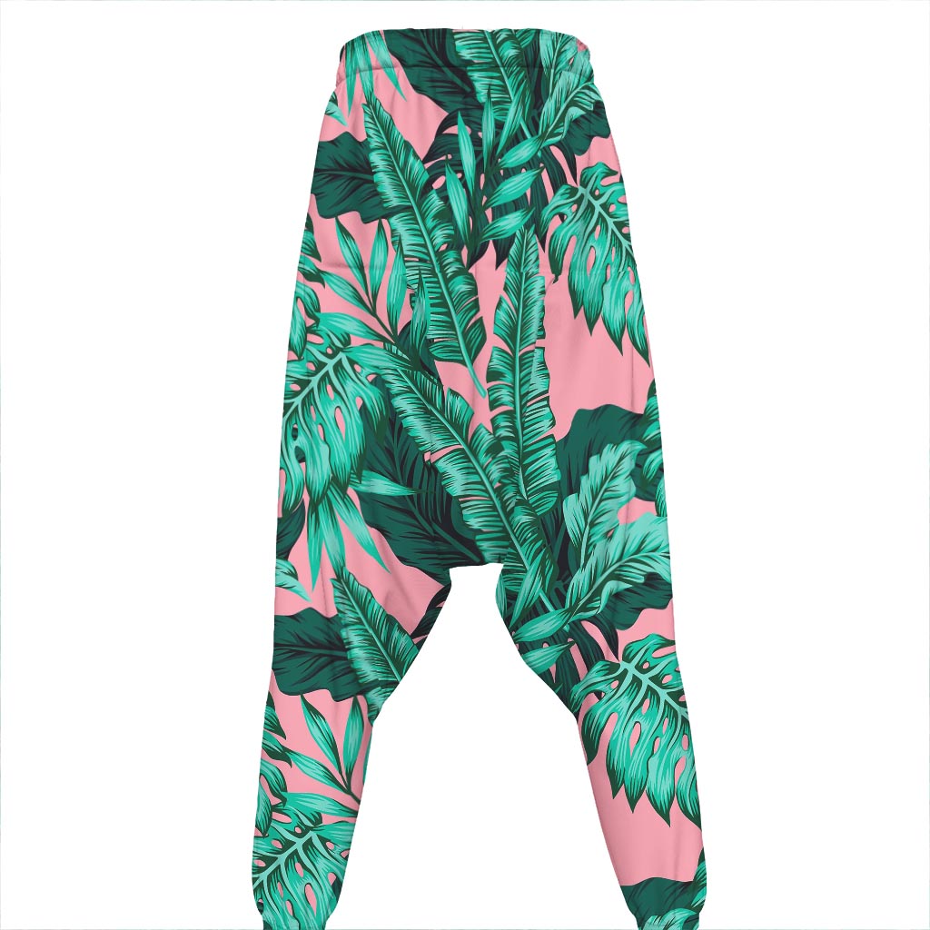Teal Banana Leaves Pattern Print Hammer Pants
