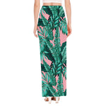 Teal Banana Leaves Pattern Print High Slit Maxi Skirt
