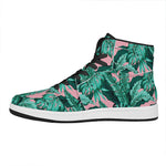 Teal Banana Leaves Pattern Print High Top Leather Sneakers