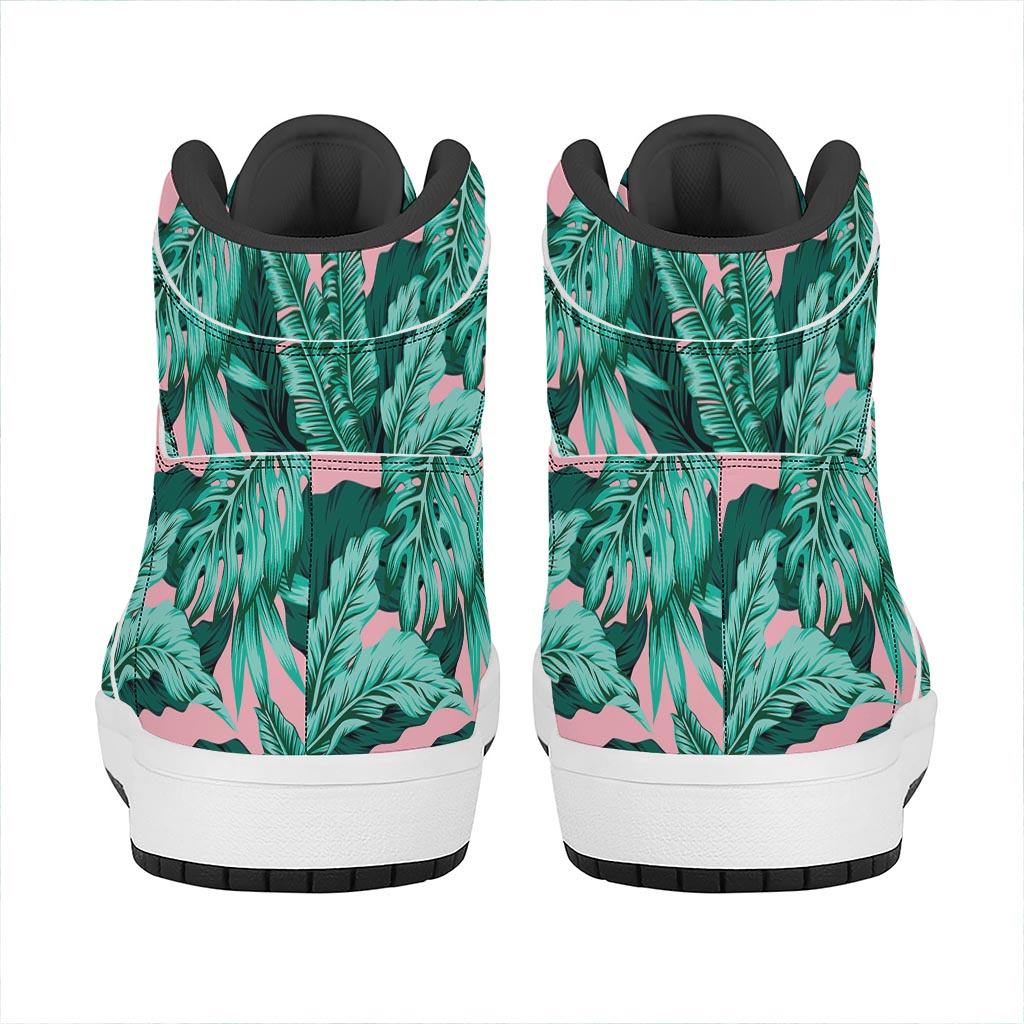 Teal Banana Leaves Pattern Print High Top Leather Sneakers