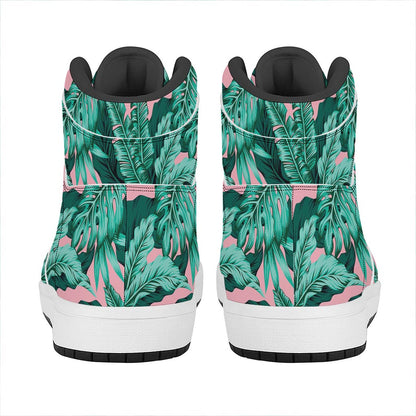 Teal Banana Leaves Pattern Print High Top Leather Sneakers