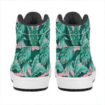 Teal Banana Leaves Pattern Print High Top Leather Sneakers