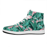 Teal Banana Leaves Pattern Print High Top Leather Sneakers