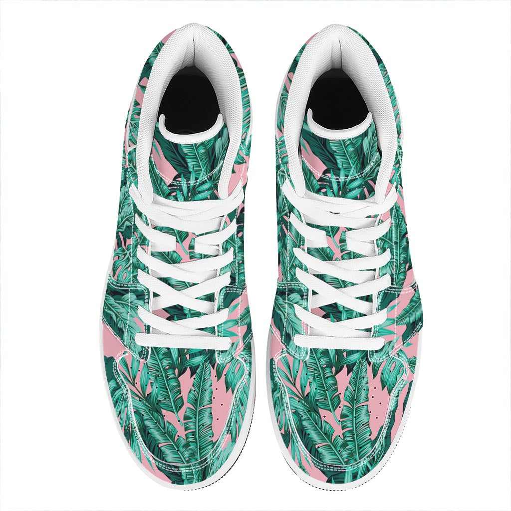 Teal Banana Leaves Pattern Print High Top Leather Sneakers