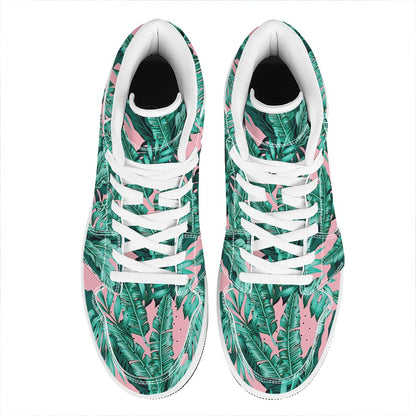 Teal Banana Leaves Pattern Print High Top Leather Sneakers