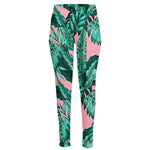 Teal Banana Leaves Pattern Print High-Waisted Pocket Leggings