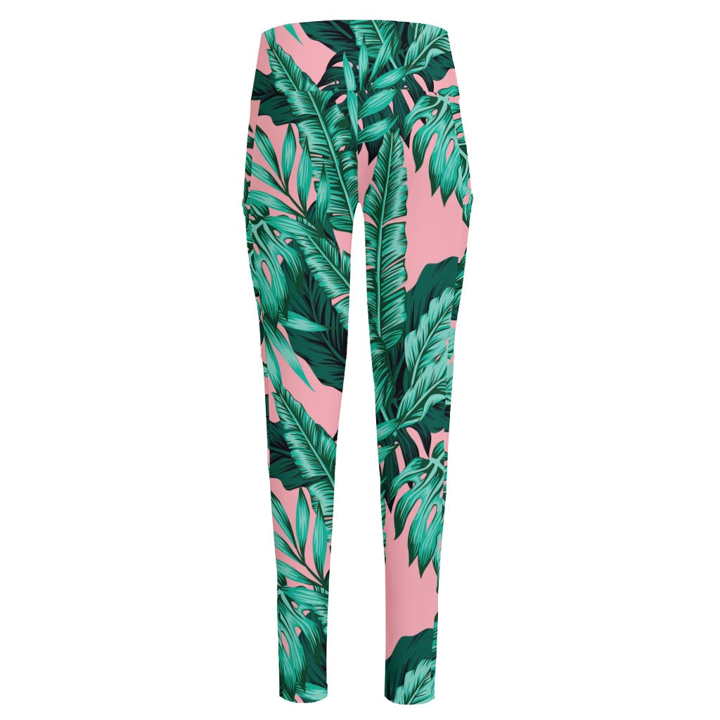 Teal Banana Leaves Pattern Print High-Waisted Pocket Leggings