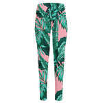 Teal Banana Leaves Pattern Print High-Waisted Pocket Leggings